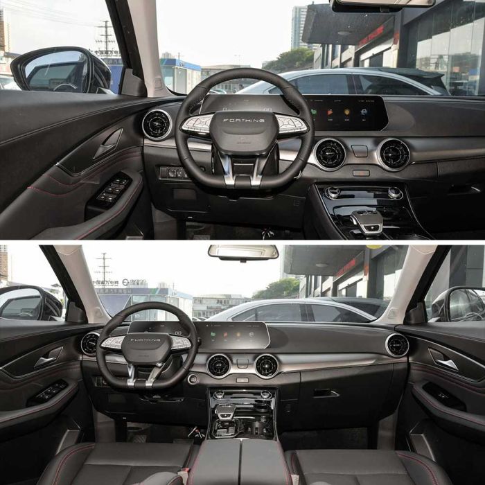 A collage of a Forthing car's interior, showcasing the driver's area with a leather steering wheel, digital display, and sleek dashboard from two angles, highlighting its modern and refined design.
