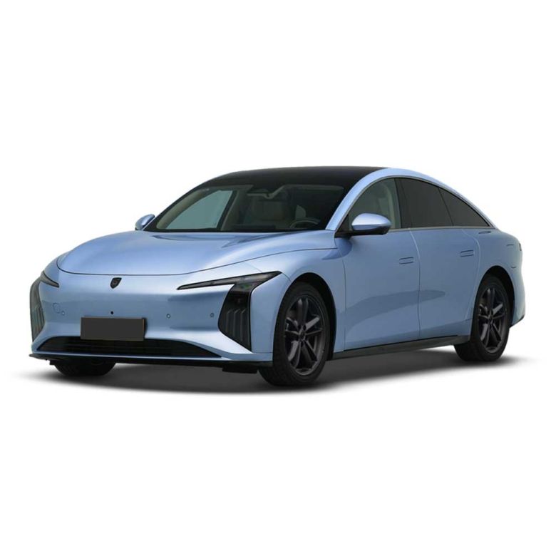 A light blue electric sedan with a sleek, modern design, featuring a black roof, distinctive headlights, and black alloy wheels, presented against a plain white background.