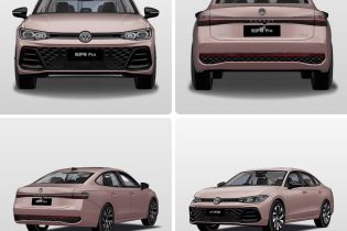 Four views (front, rear, side - rear, side - front) of a pink Volkswagen Passat Pro sedan.