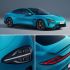 Multiple views of turquoise Xiaomi SU7, showcasing exterior details.