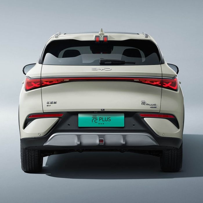Rear view of a white BYD Yuan Plus electric SUV.