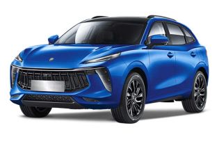A vibrant blue Fengon SUV with a black roof, displayed at a dynamic angle against a plain white background, highlighting its modern, sleek design and eye-catching color.