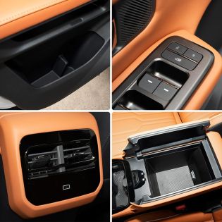 Four views of a car's interior details, including door storage, control buttons, air vent, and open center console.