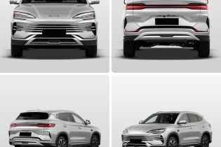 Multi-angle display of a silver BYD SUV, including front, rear, and side views, highlighting its sleek design, distinctive grille, and full-width taillights.