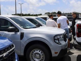 Ford Maverick pickup trucks: A group of people inspecting white Ford Mavericks at an outdoor car dealership lot.