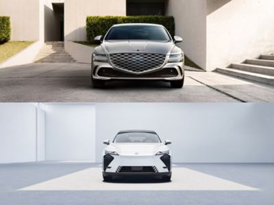 Split front-view comparison image of two Genesis luxury sedans; upper silver model with intricate mesh grille, lower white variant featuring minimalist smooth front fascia design