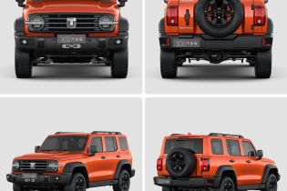 Four views (front, rear, side - front, side - rear) of an orange off - road SUV.