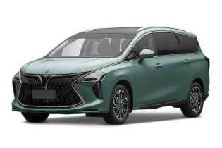 A mint green MPV with a bold front grille and panoramic sunroof is showcased against a plain background, highlighting its modern and spacious design.