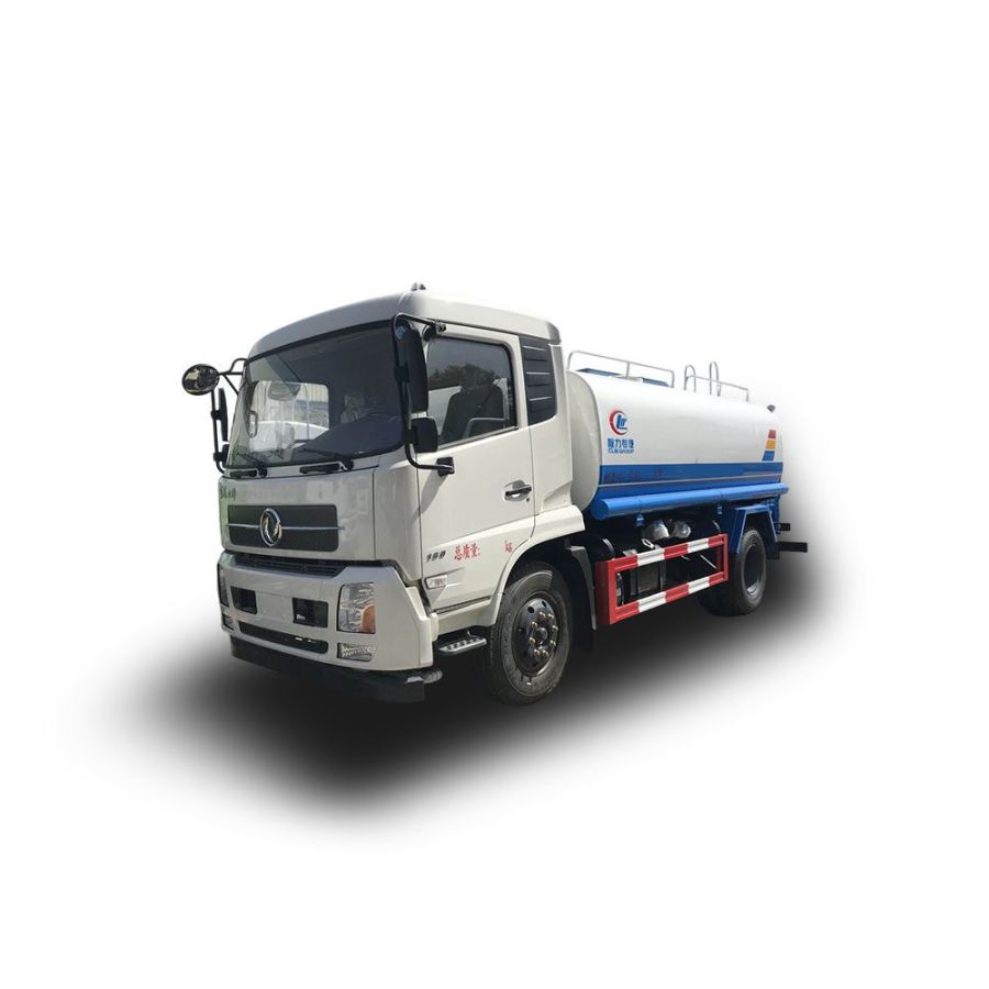A white and blue water - sprinkling truck with a large tank.