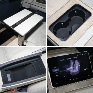 A collage showcasing details of a car's interior, including a foldable table, cup holders, a storage compartment, and a control screen for seat functions.