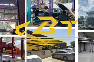 Collage of a car dealership exterior and service workshop, with large yellow "CZT" logo.