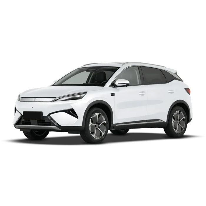 A white BYD Yuan Plus electric SUV.