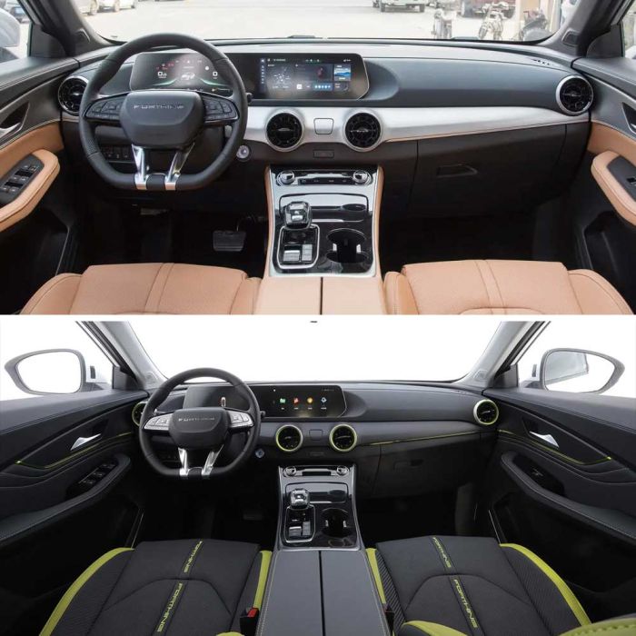 A collage of two car interiors: one with tan leather seats and a sleek dashboard, the other with black seats accented by green, showcasing distinct design styles and modern features.