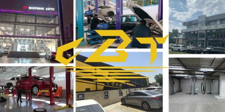 Collage of a car dealership exterior and service workshop, with large yellow "CZT" logo.