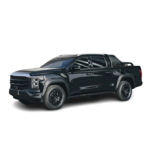 Side view of a black pickup truck with off - road tires, isolated on a white background.