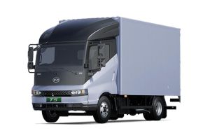 Side view of a light blue BYD T5 box truck with a black cab, isolated on a white background.
