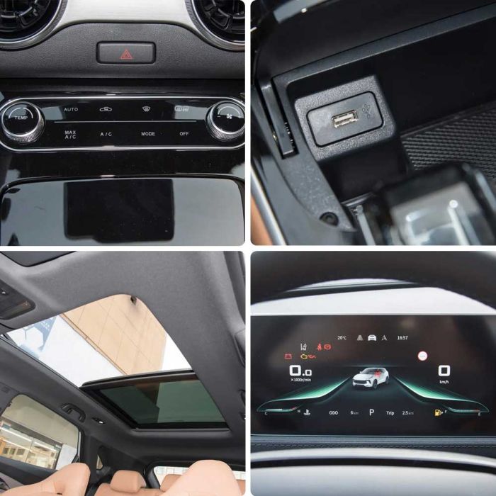 A collage of a car's interior features: AC controls, USB port, panoramic sunroof, and digital instrument cluster, showcasing its modern and convenient design elements.