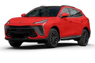 A vibrant red SUV with a black roof, presented at a dynamic angle against a plain white background, showcasing its modern, sleek design and stylish black alloy wheels.