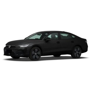 A sleek black Volkswagen sedan with a modern design and black wheels.