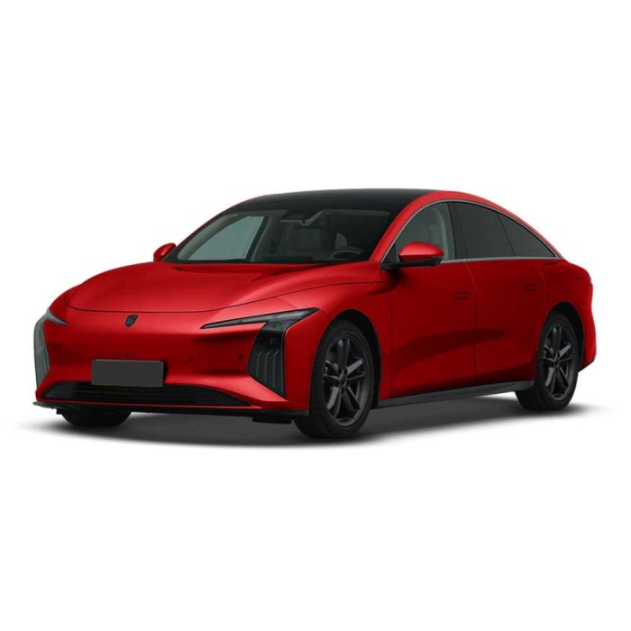 A red electric sedan with a sleek, modern design, featuring a black roof, distinctive headlights, and black alloy wheels, presented against a plain white background.