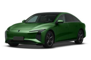 A green electric sedan with a sleek, modern design, featuring a black roof, distinctive headlights, and black alloy wheels, presented against a plain white background.