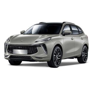 A silver Fengon SUV with a black roof, shown from a dynamic angle against a plain white background, highlighting its modern, sleek design and stylish details.
