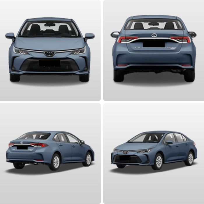 Four views (front, rear, side - rear, side - front) of a blue corolla 2024