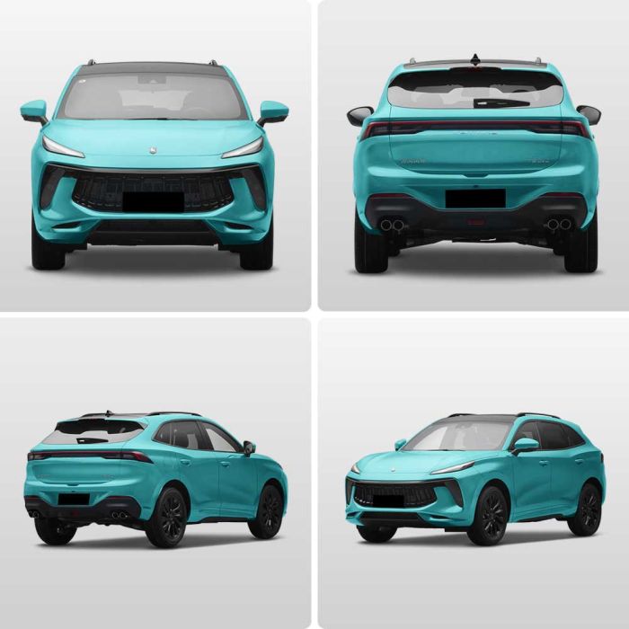 Four views of a turquoise Fengon SUV, displaying front, rear, and two side angles, highlighting its sleek design and modern aesthetics against a plain background.