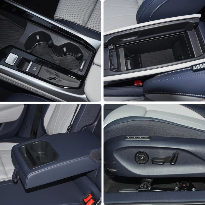 Collage of four car interior details: cup holders, storage, armrest, and seat controls.
