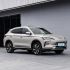 Light silver SUV (side-front view): Modern design with sharp headlights and alloy wheels. Parked outdoors near a gray building (image slightly blurred), showcasing its sleek exterior.