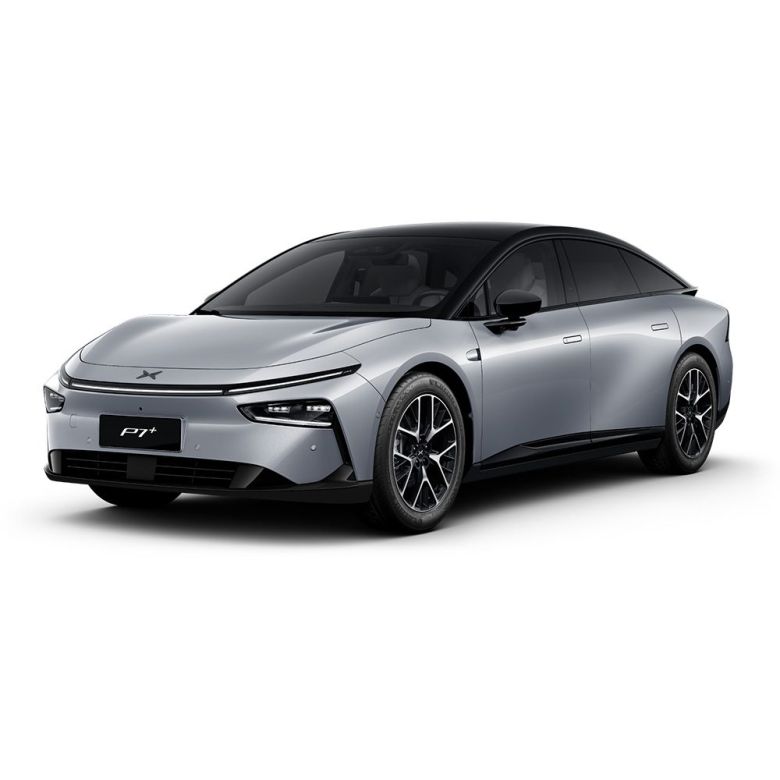 A silver Xpeng P7+ electric car.
