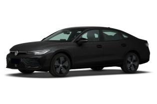 A sleek black Volkswagen sedan with a modern design and black wheels.