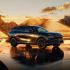A black Xpeng G9 SUV parked in a desert landscape at sunset, with golden sand dunes and a reflective wet ground.