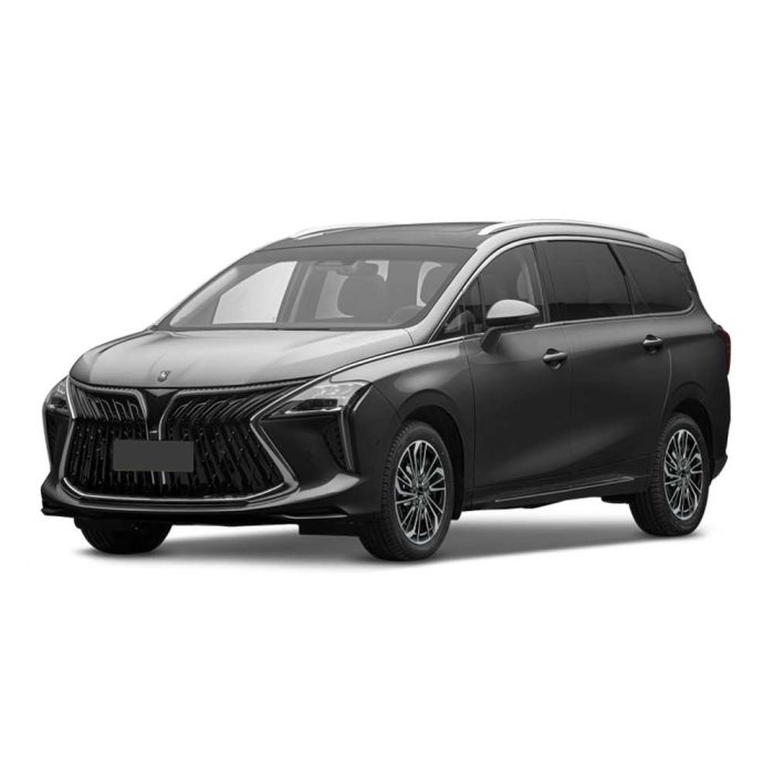 A dark gray MPV with a bold front grille and panoramic sunroof is showcased against a plain background, highlighting its modern and spacious design.