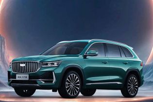 Geely Xingyue L SUV in a sci - fi landscape with a large celestial body.