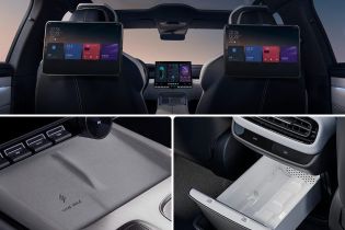 Interior details of a car, including rear seat screens, wireless charging, and a storage compartment.