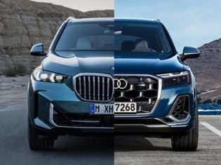 BMW vs Audi front split: Teal BMW X5 and blue Audi Q7, split-screened against desert and coastal backdrops.