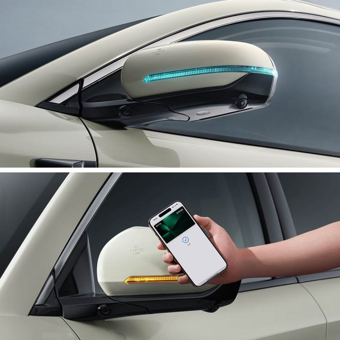 Two images showing a car's side mirror with LED lights and a hand holding a smartphone interacting with the car.