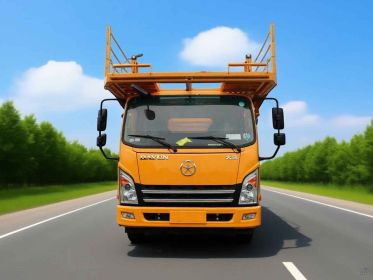 A yellow Dayun car carrier truck driving on a road with green trees and blue sky in the background.