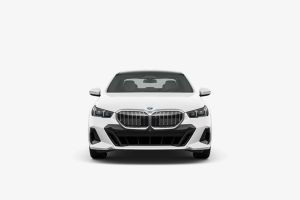Head-on studio shot of new white BMW luxury car on plain background