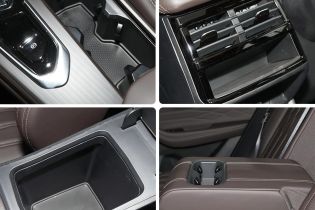 Four views of car interior storage spaces, including cup holders and compartments.