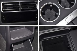 Collage of four car interior details: air vents with control panel, cup holders, a storage compartment, and an open glove box.