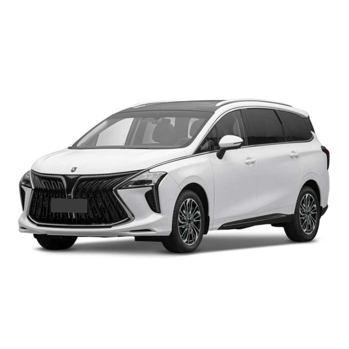 A white MPV with a sleek design, featuring a bold front grille and panoramic sunroof, is showcased against a plain background, highlighting its modern and spacious appearance.