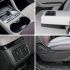 A collage showcasing a car's interior details: center console with cup holders, rear armrest with cup holders, air vent, and seat adjustment area, highlighting comfort and functionality.