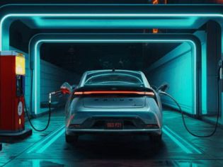 Futuristic EV sedan charging in a neon-lit station: seamless tech, sustainable power, and next-gen mobility.
