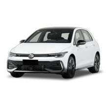 A white Volkswagen hatchback with a sleek design.