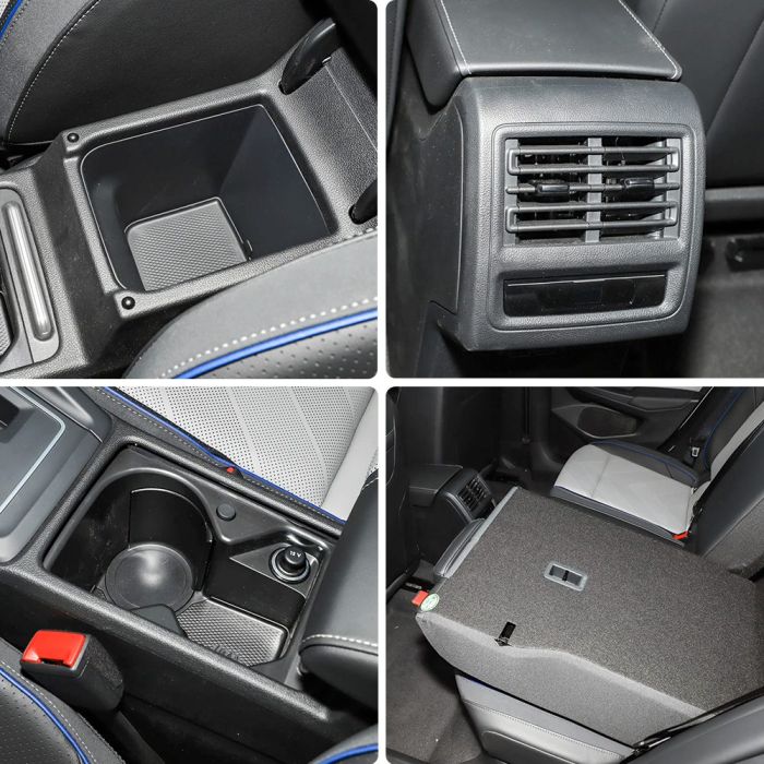 Collage of four car interior details: storage space, air vent, cup holder area, and a folded seat part.