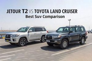 "JETOUR T2 VS TOYOTA LAND CRUISER: Best Suv Comparison. Two SUVs (silver & black) parked on a road; the black one shows Toyota badging, set against an open, industrial backdrop."
