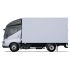 Side view of a white box truck with a sleek cab, isolated on a white background.
