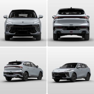 A collage of a light gray SUV, showcasing multiple angles (front, rear, side) against a plain background, highlighting its modern, sleek design and dynamic aesthetics.